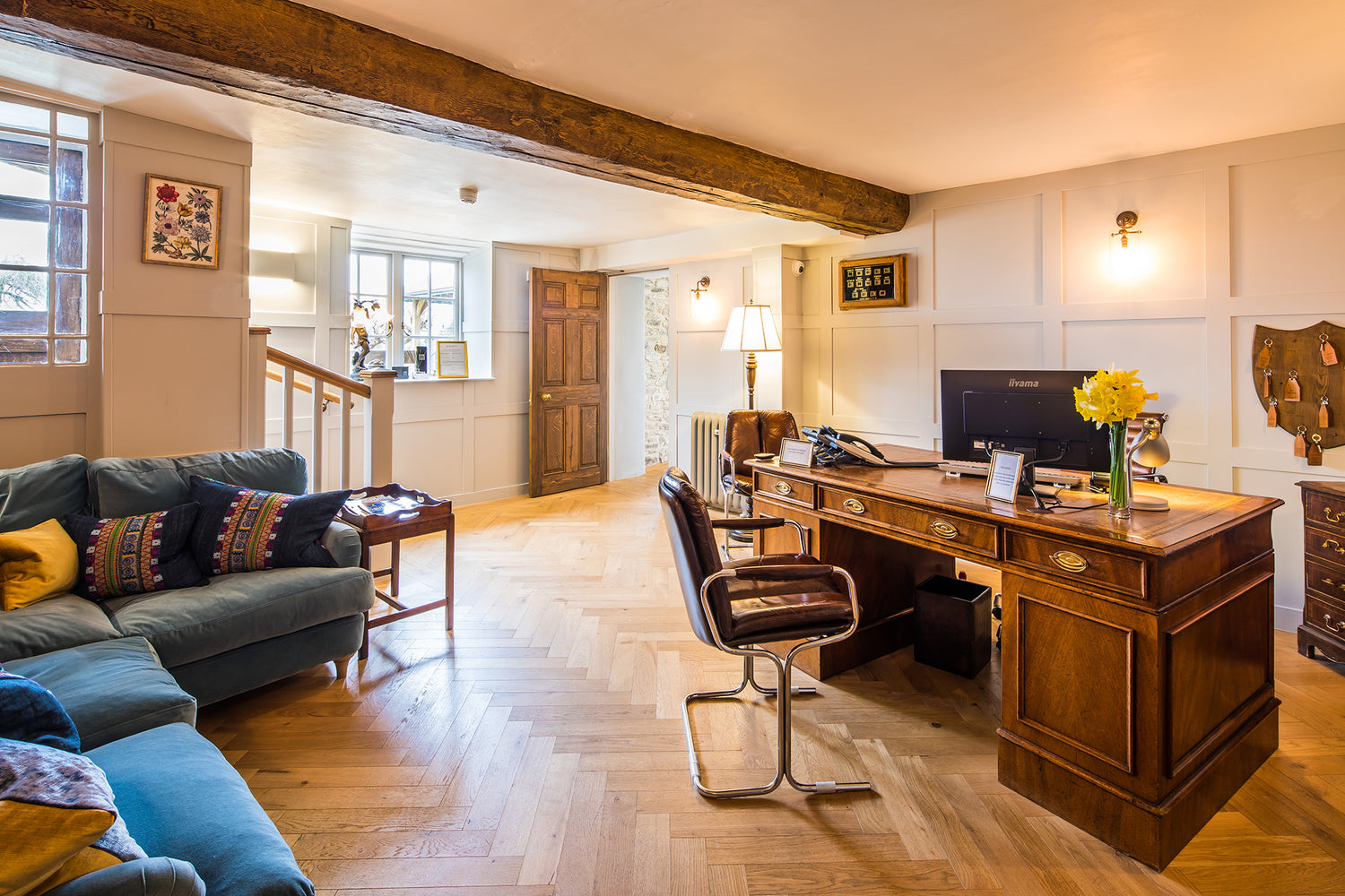 Office view of double-glazed features in an oak dining extension.