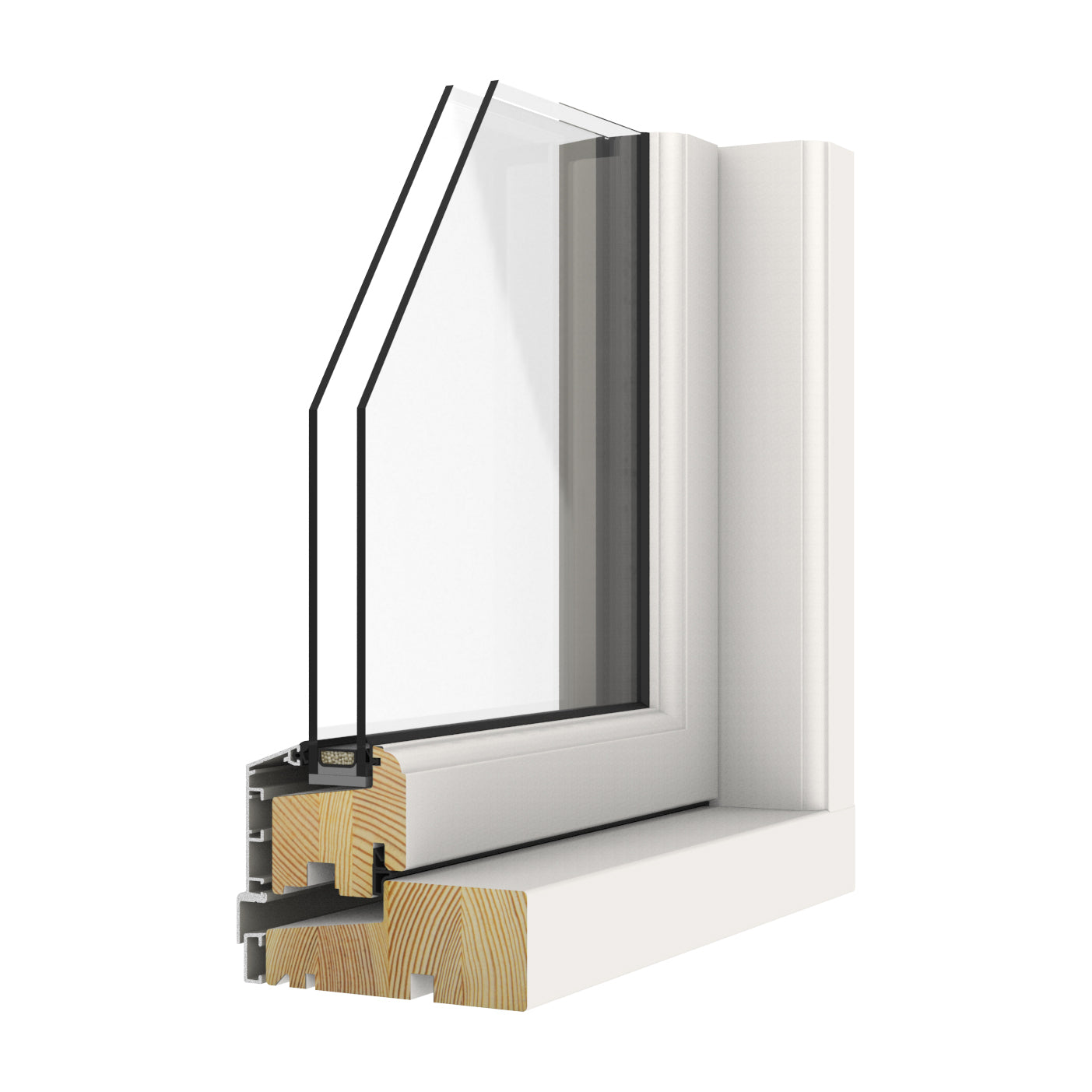 double-glazed window frame with glass and wooden sill on a white background