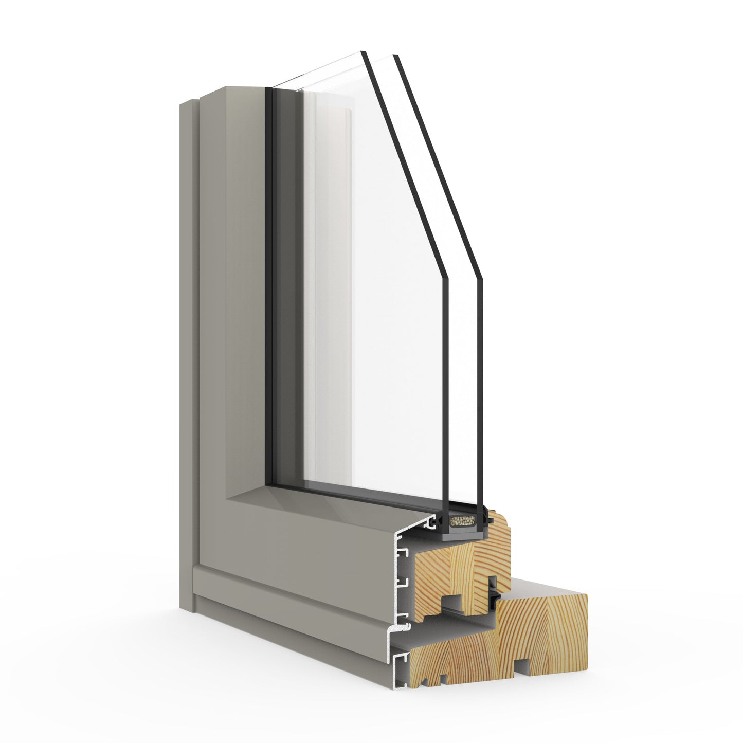 double-glazed window frame with glass section and wooden insert on a white background