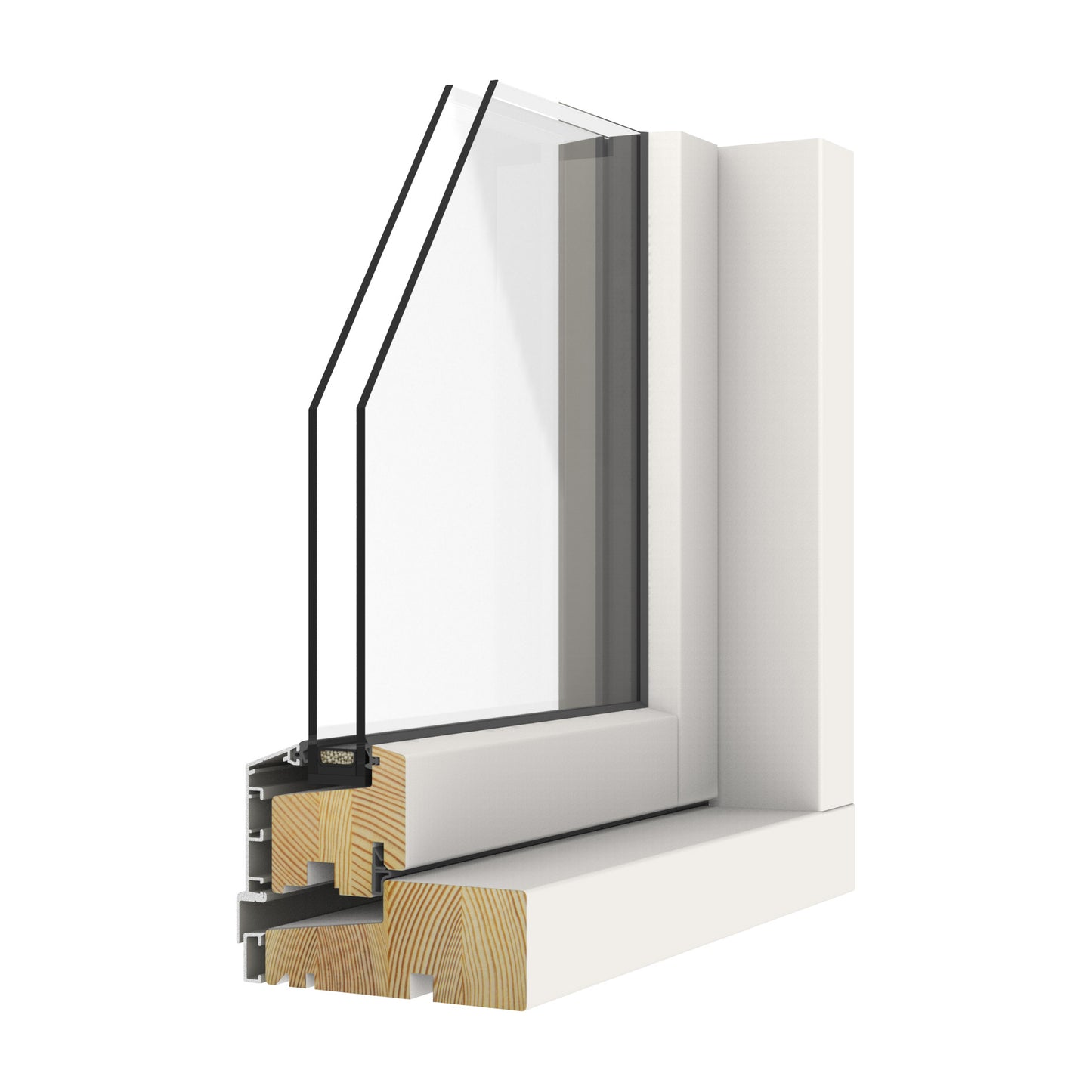 double-glazed window frame with a clear glass panel on a white background