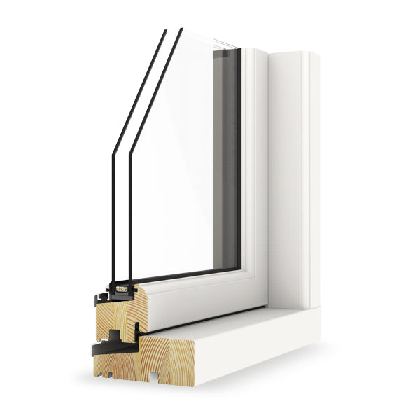 Double-glazed window frame with wooden sill and black trim on a white background