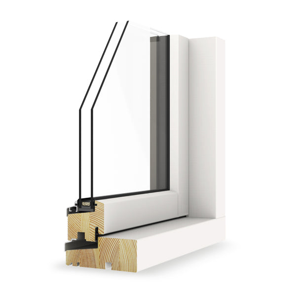 Double-glazed window frame with wooden sill and black trim on a white background