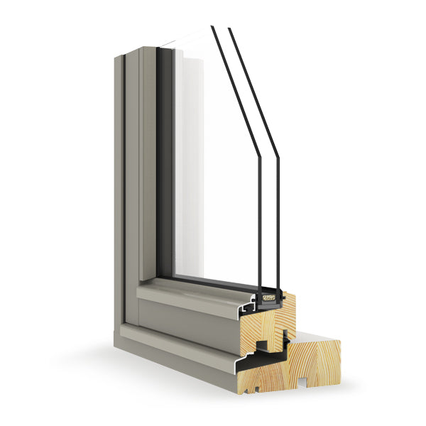 double-glazed window frame cross-section showing materials and construction on a white background