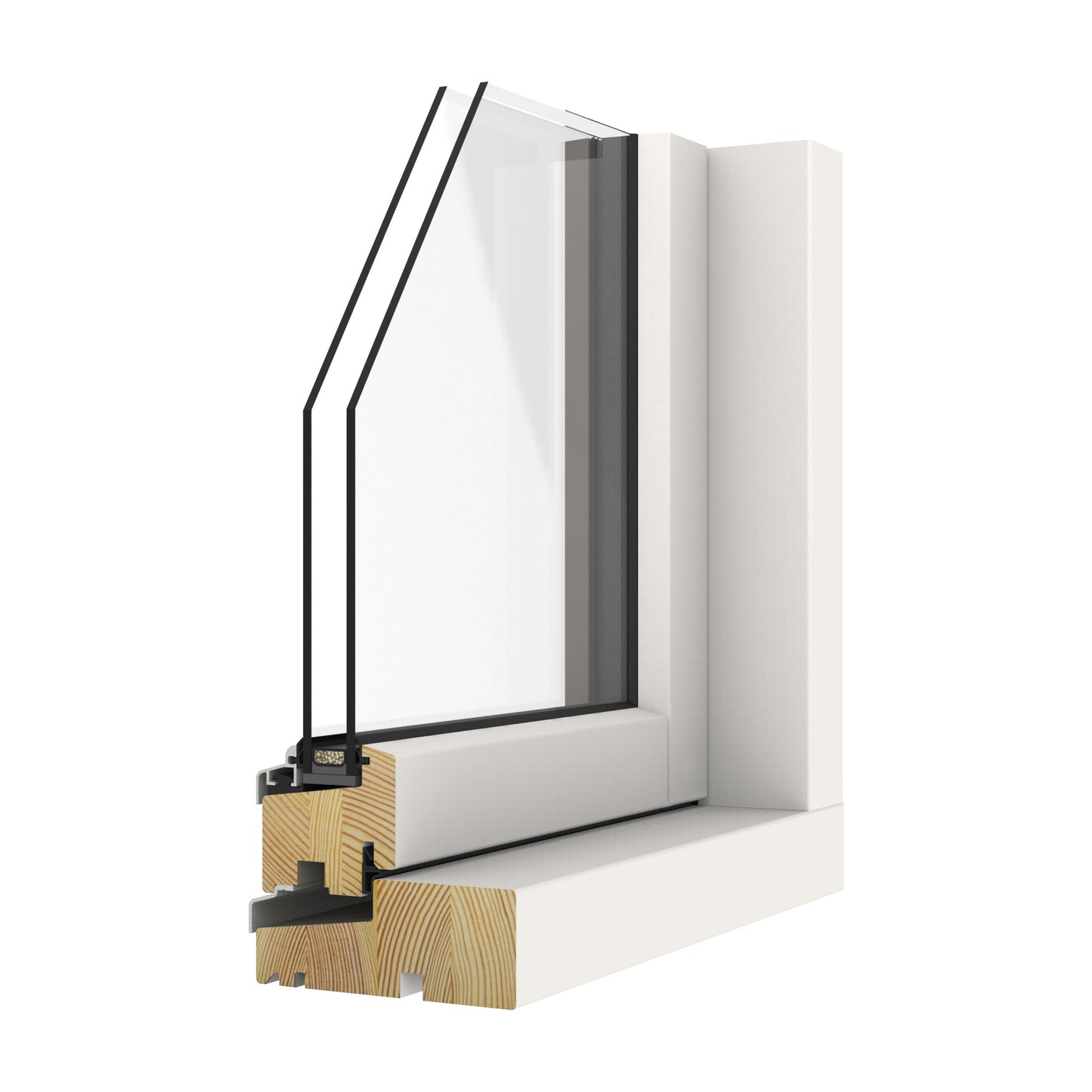double-glazed window frame with white casing, black trim, and wooden detailing on a white background