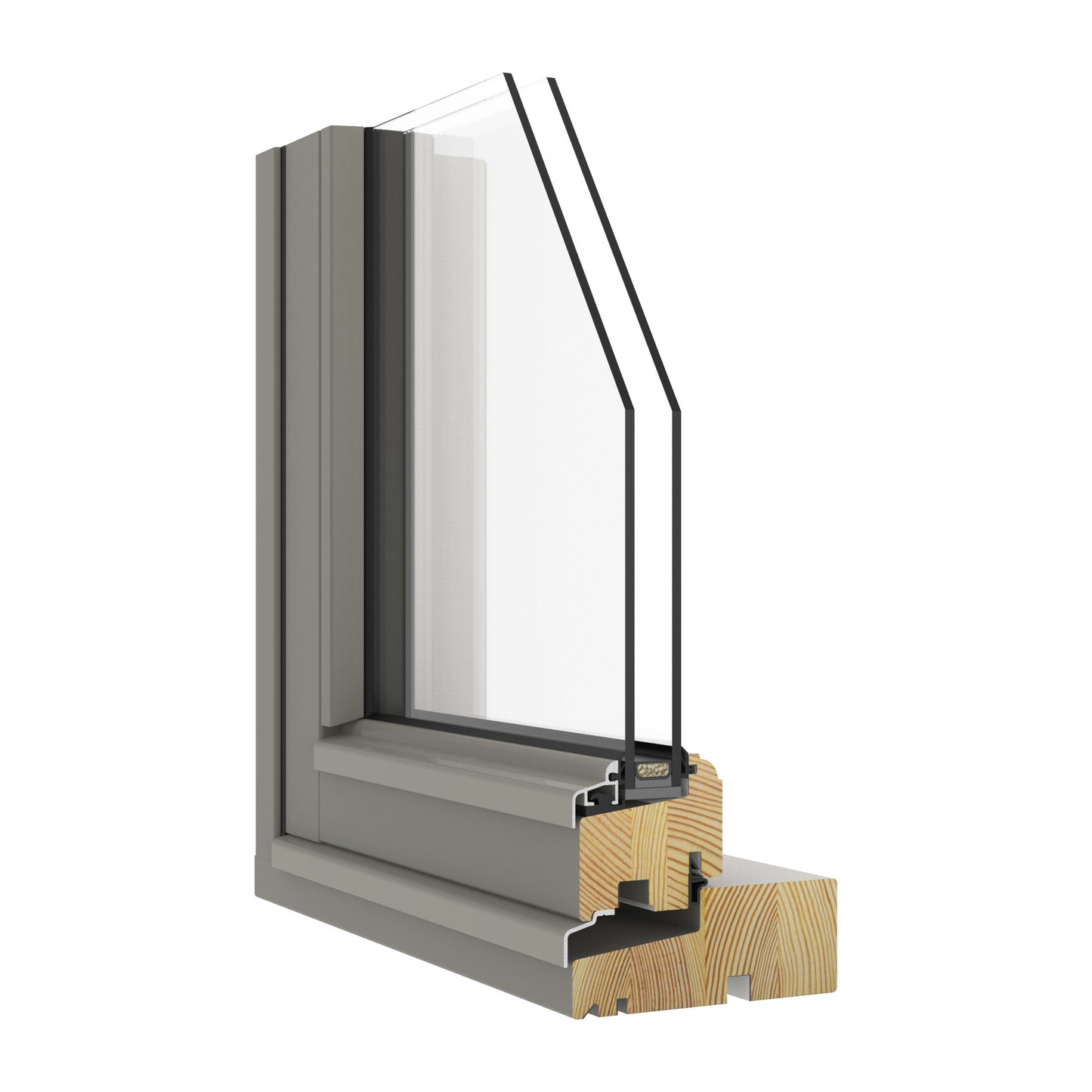 double-glazed window frame with glass section and wooden insert on a white background