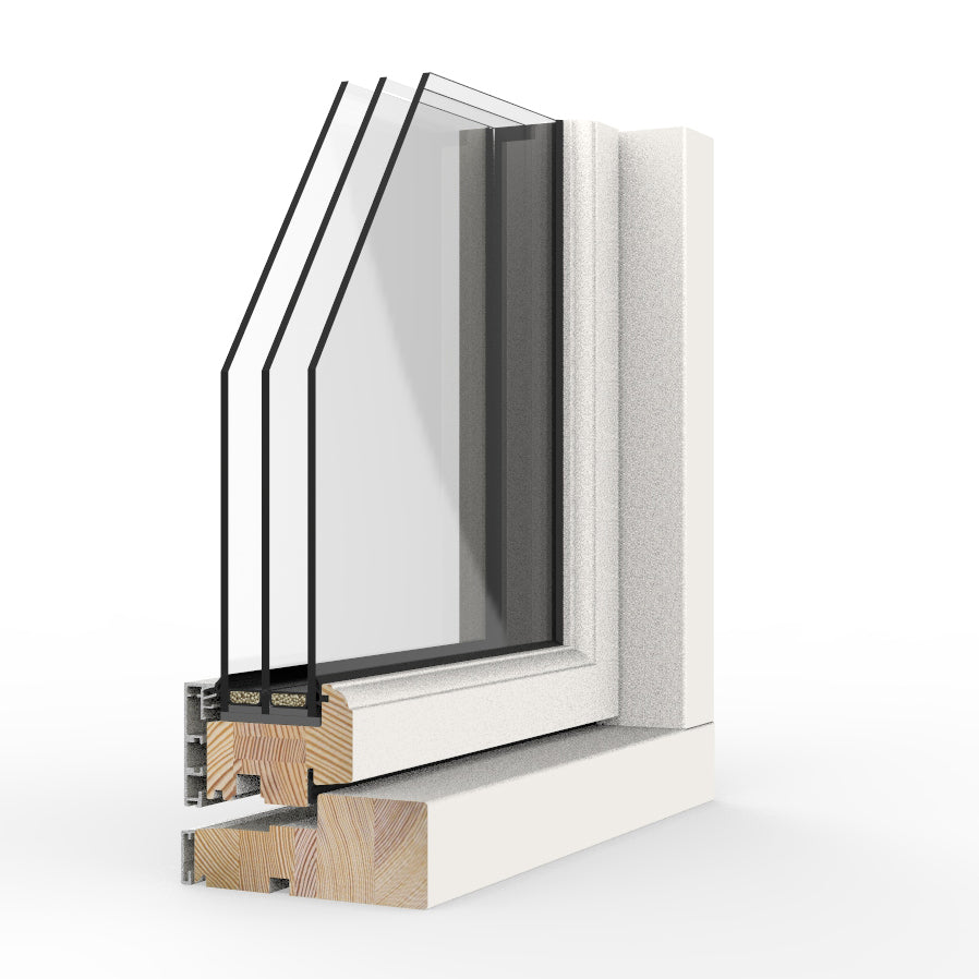 triple-glazed window frame assembly with glass and wooden elements on a white background
