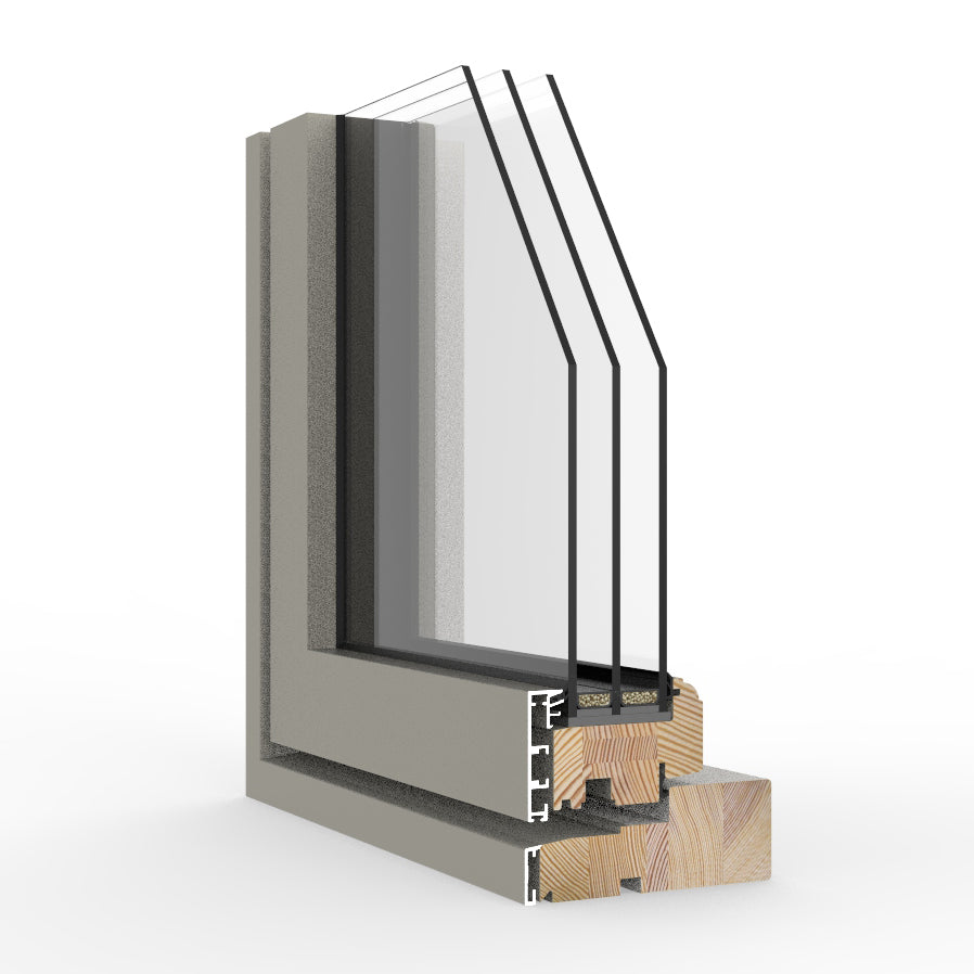 triple-glazed window frame cross-section showing materials and construction on a white background