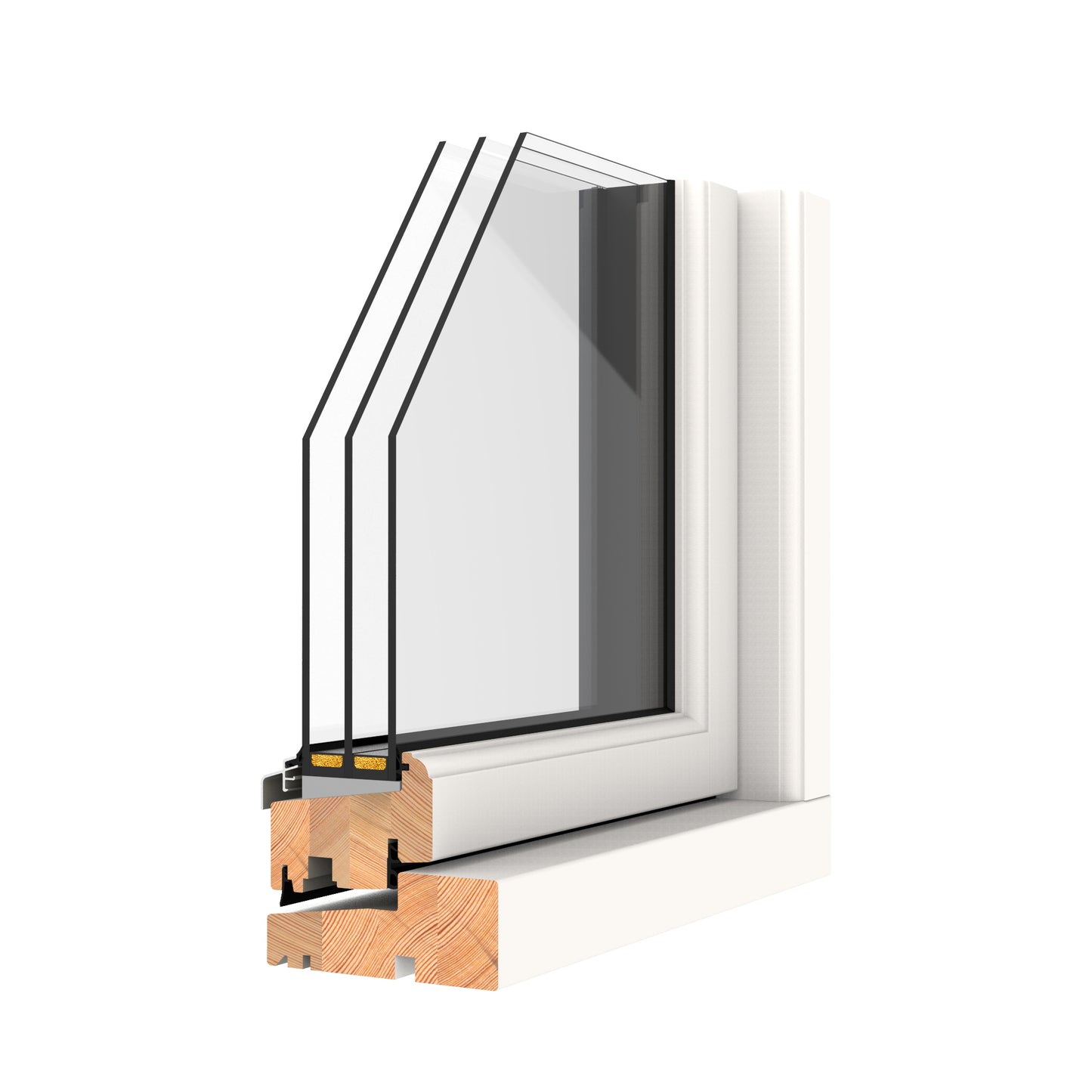 triple-glazed window frame with wooden sill on a white background