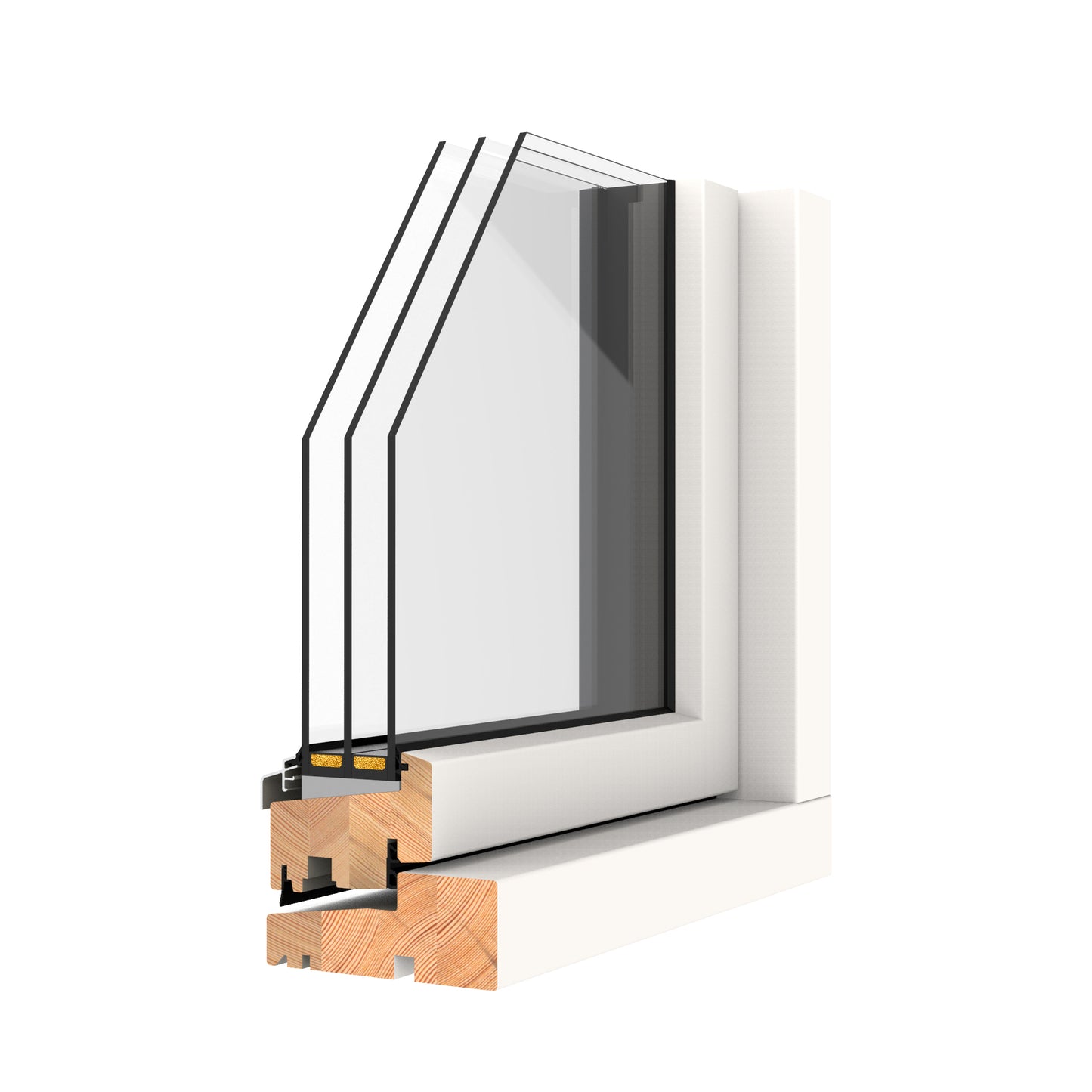 triple-glazed window frame with wooden sill on a white background