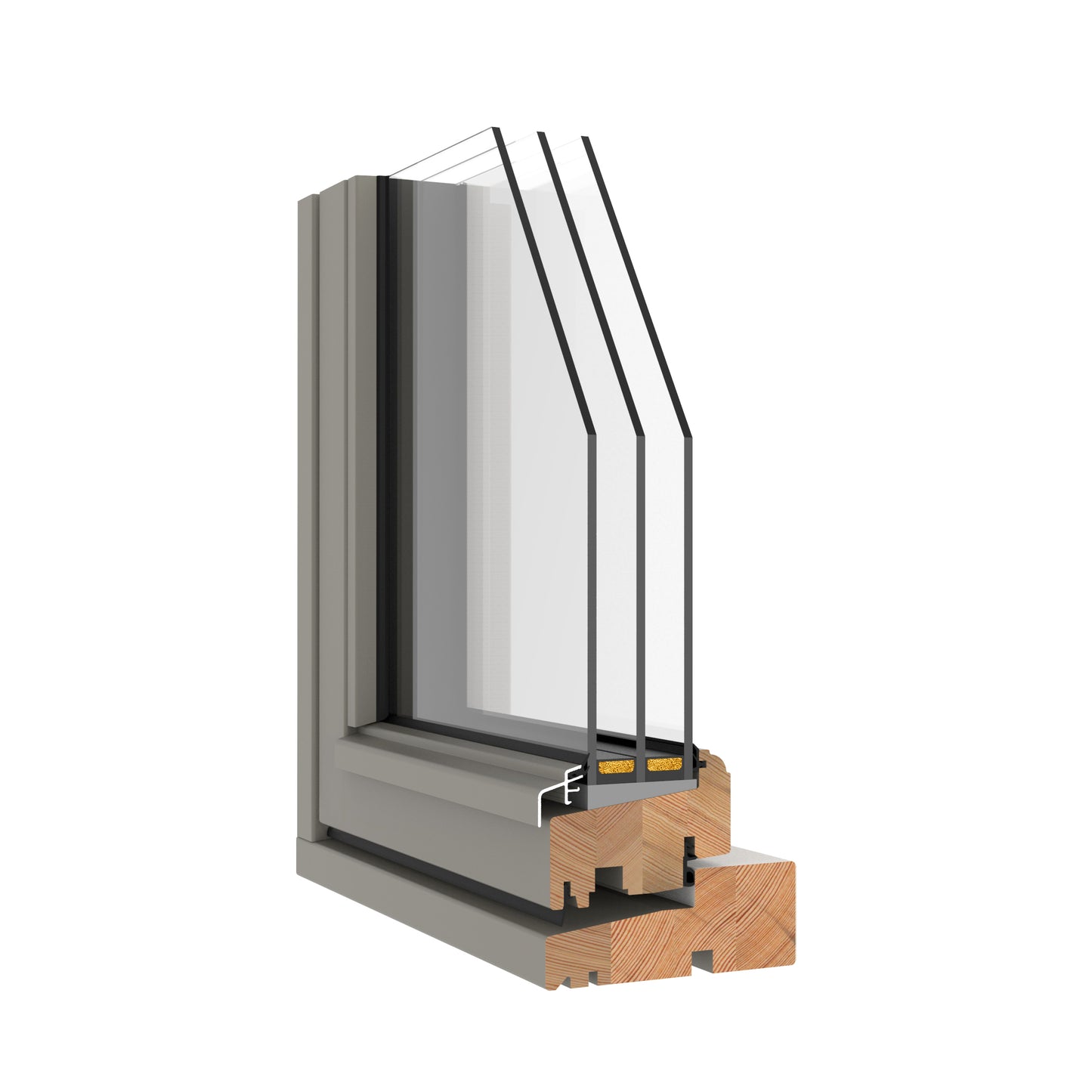 triple-glazed window frame with glass and wooden sill on a white background