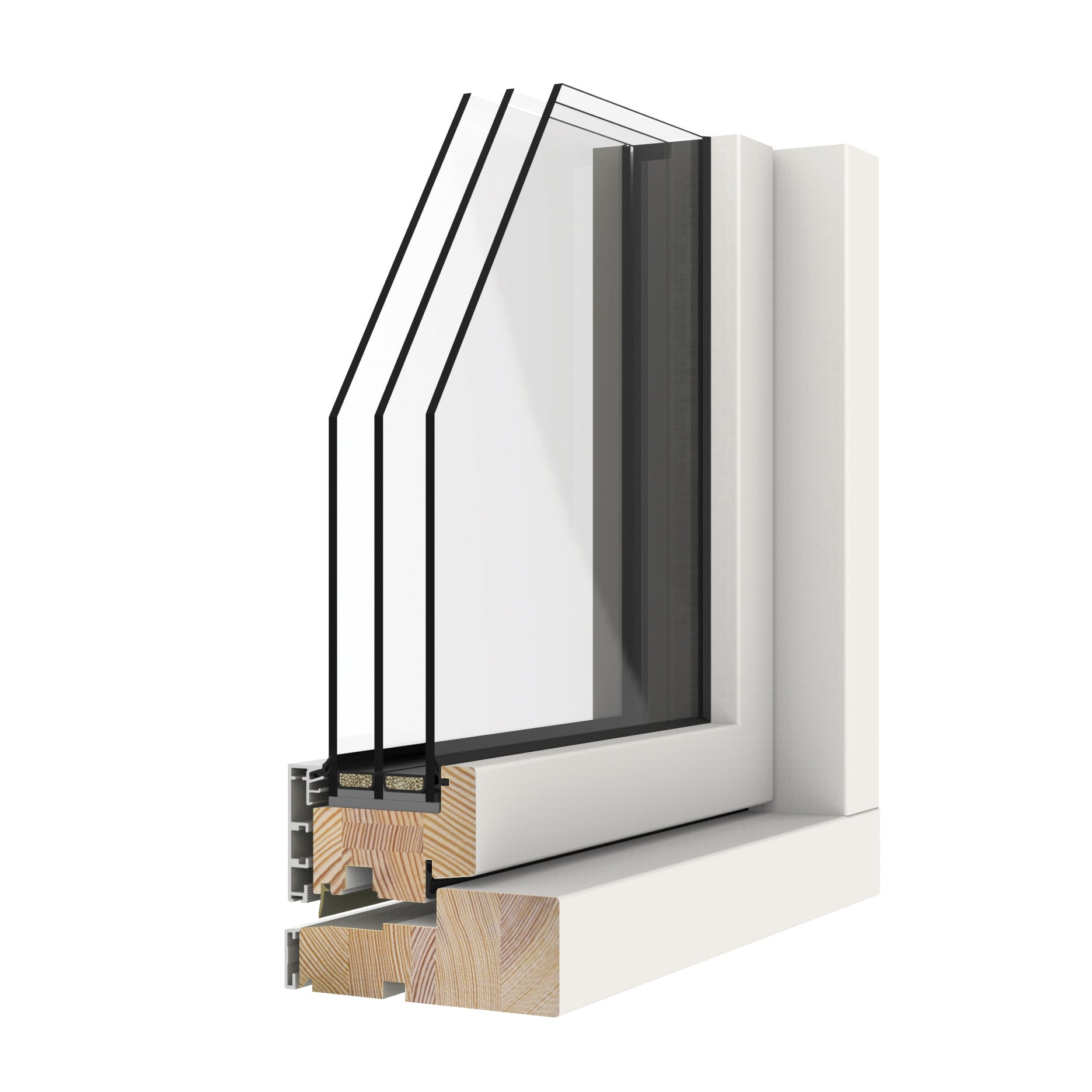 triple-glazed window frame with glass section on a white background