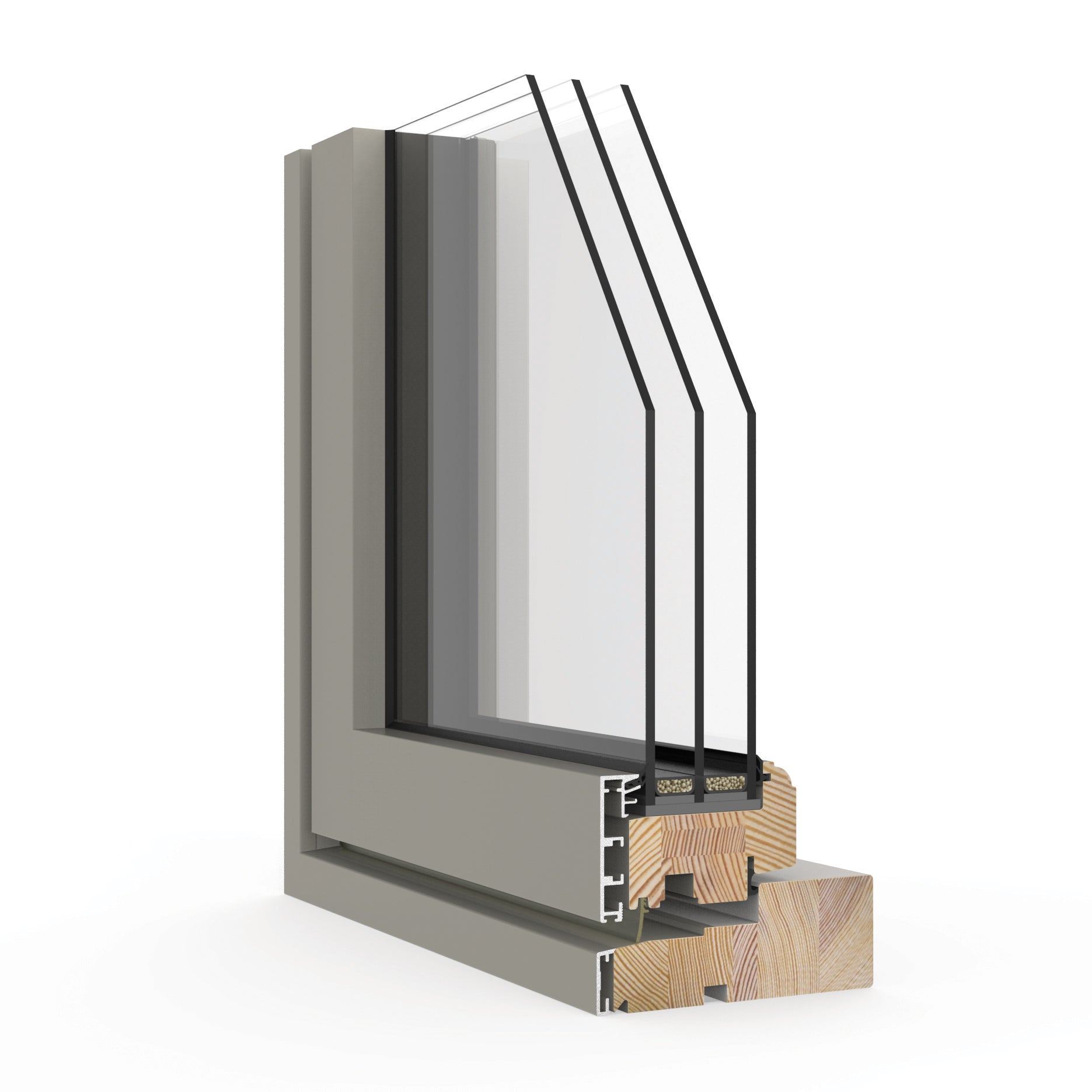 Sectional view of a triple-glazed window frame with glass and wooden elements on a white background