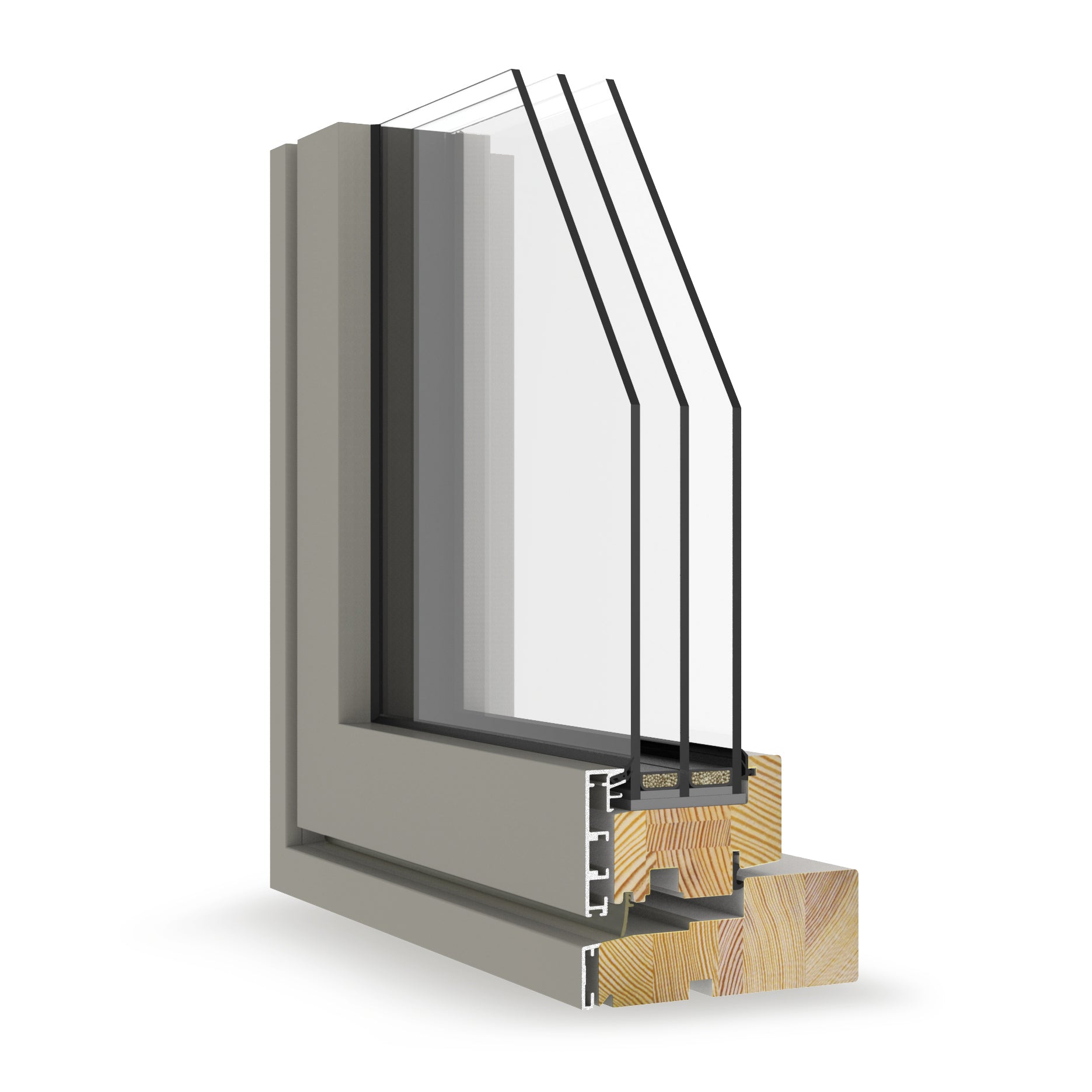 Cross-sectional view of a triple-glazed window frame with materials and construction details on a white background