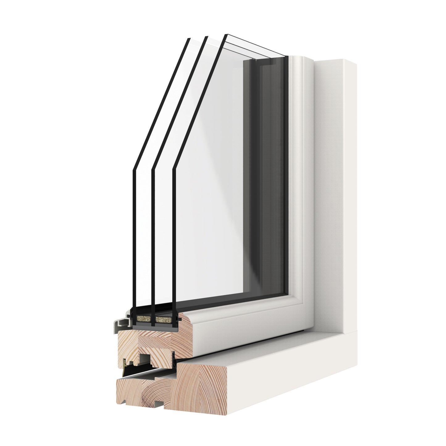 triple-glazed window frame with white trim and black interior on a white background