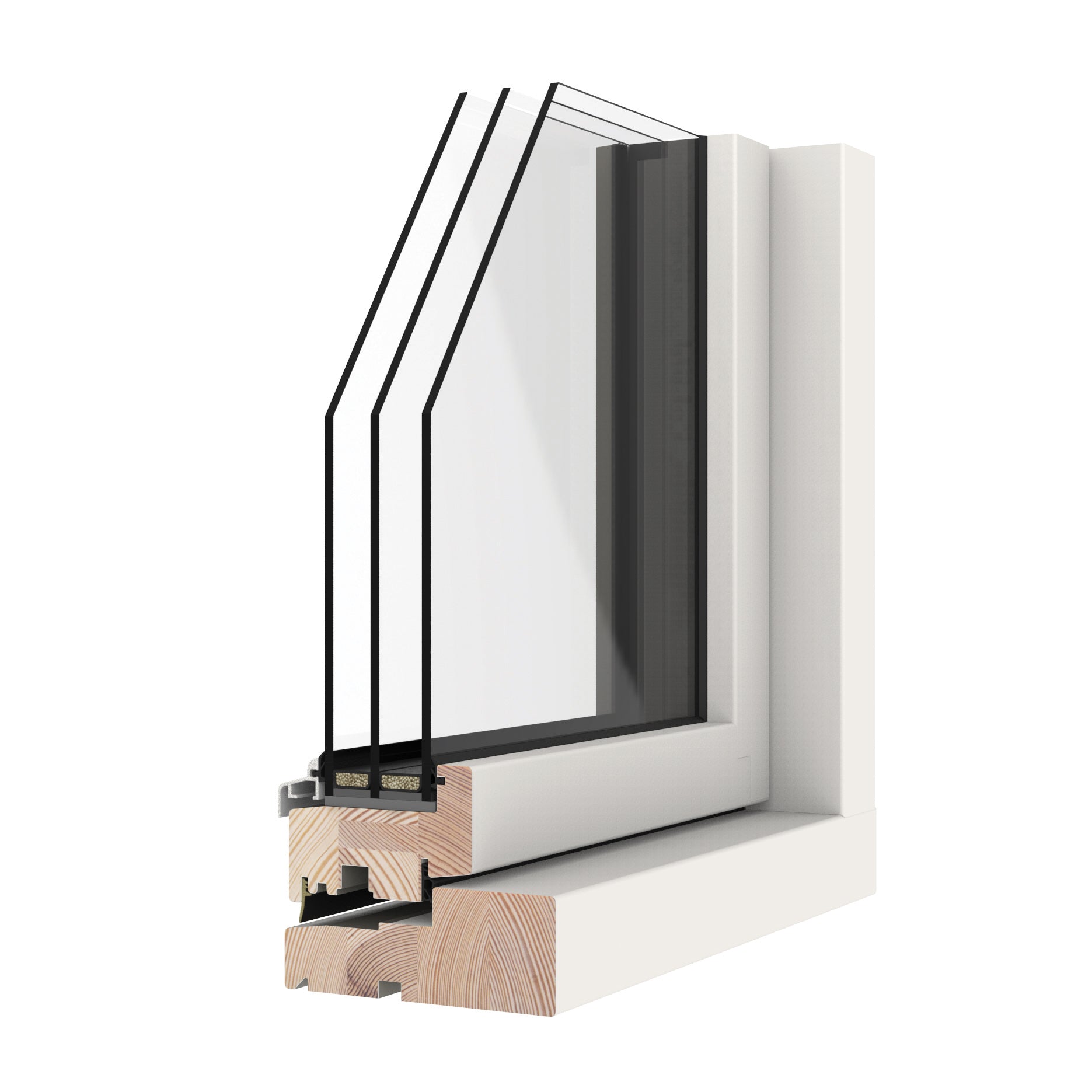 triple-glazed window frame with glass and wooden sill on a white background