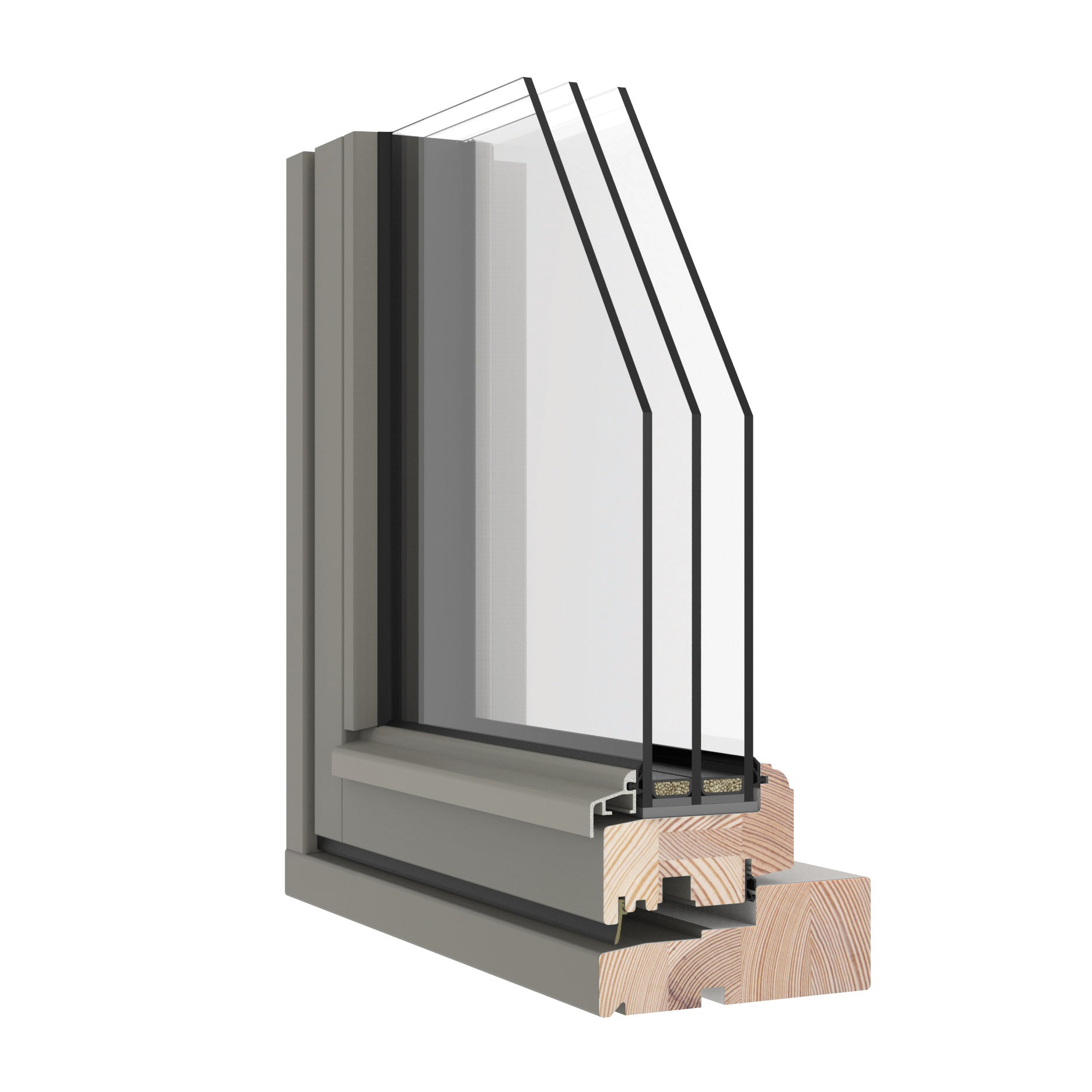 triple-glazed window frame cross-section showing materials and construction on a white background