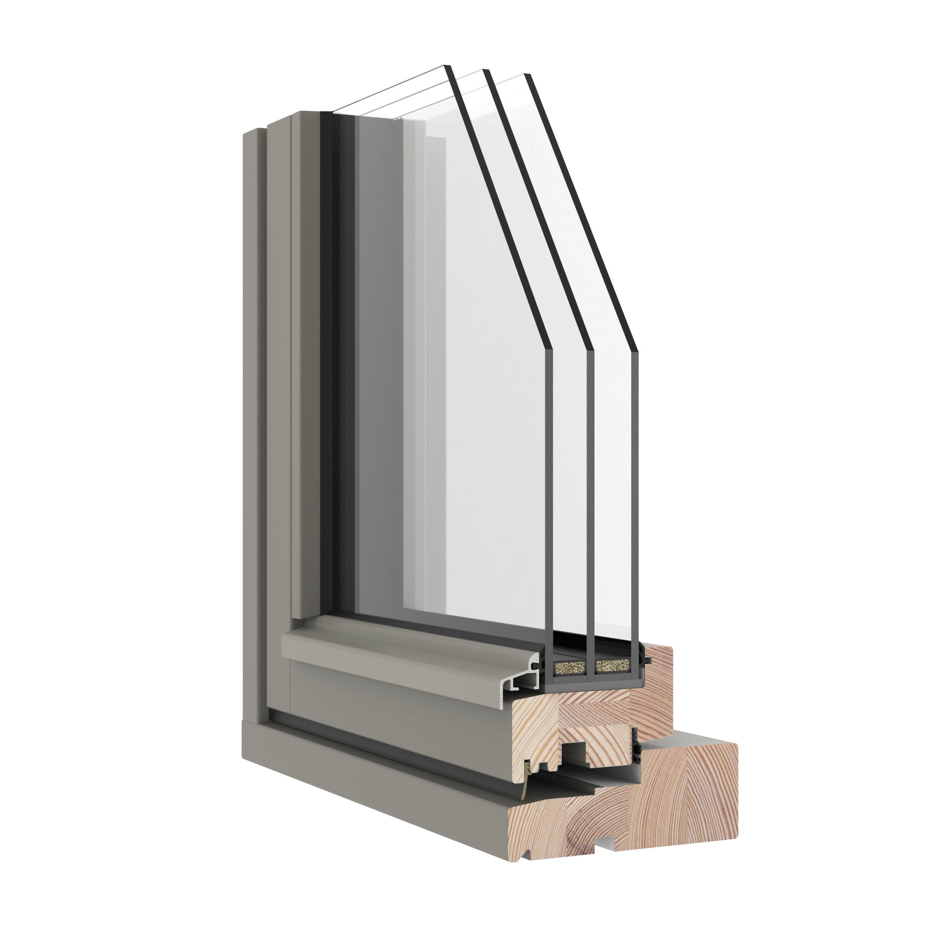 Cross-section of a triple-glazed window frame showing materials and construction on a white background