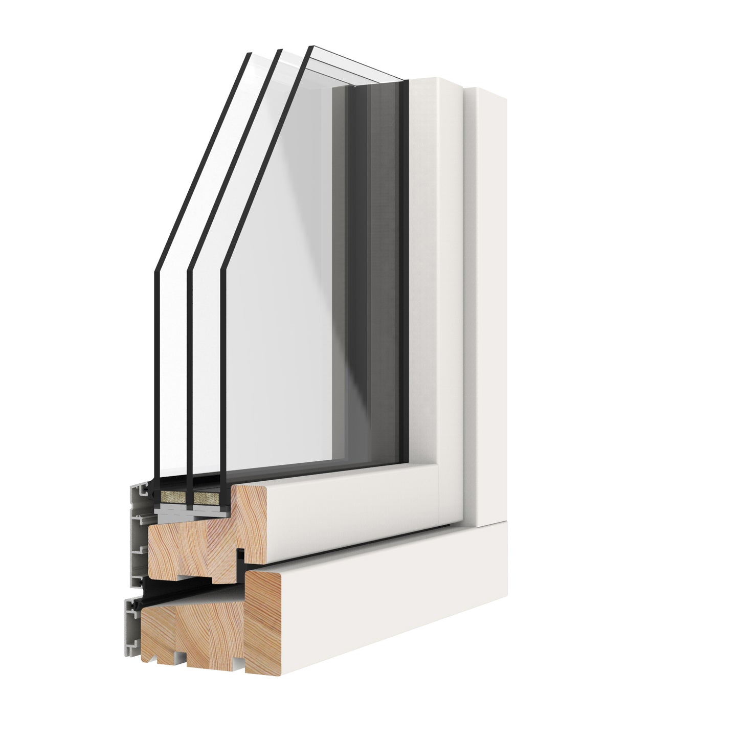 triple-glazed window frame with glass and wooden detailing on a white background