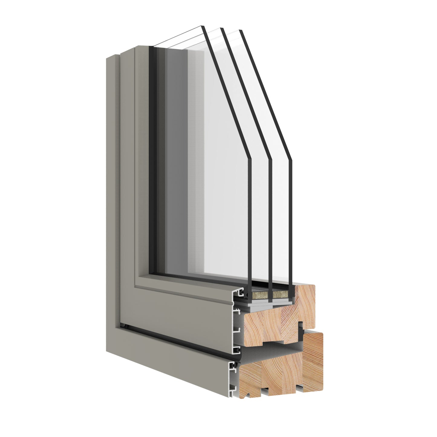 triple-glazed window frame with glass and wooden sill on a white background