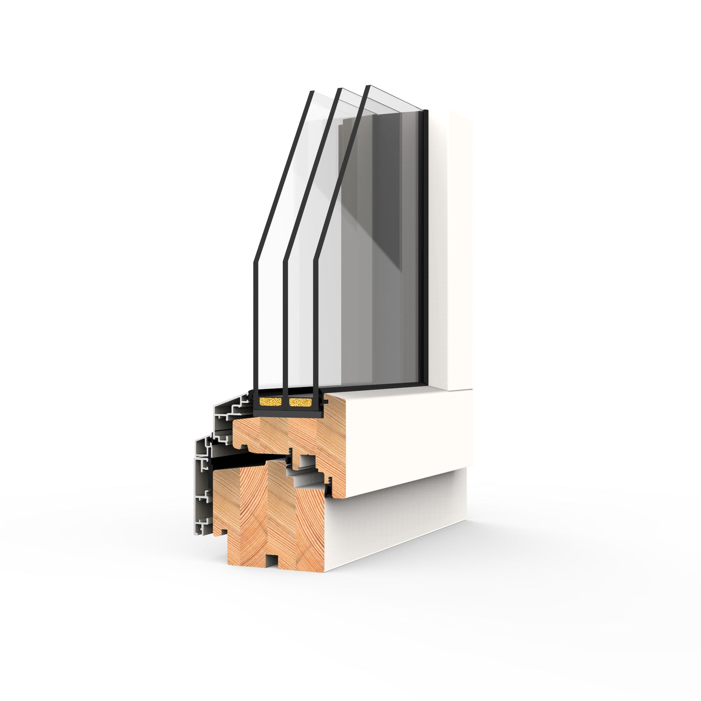 triple-glazed window frame assembly with glass and wooden elements on a white background