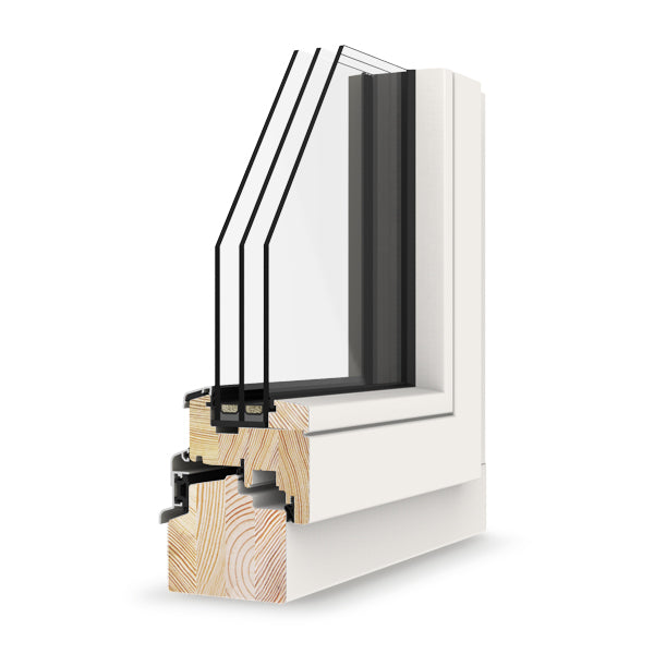 triple-glazed window frame showing wooden and metal components on a white background