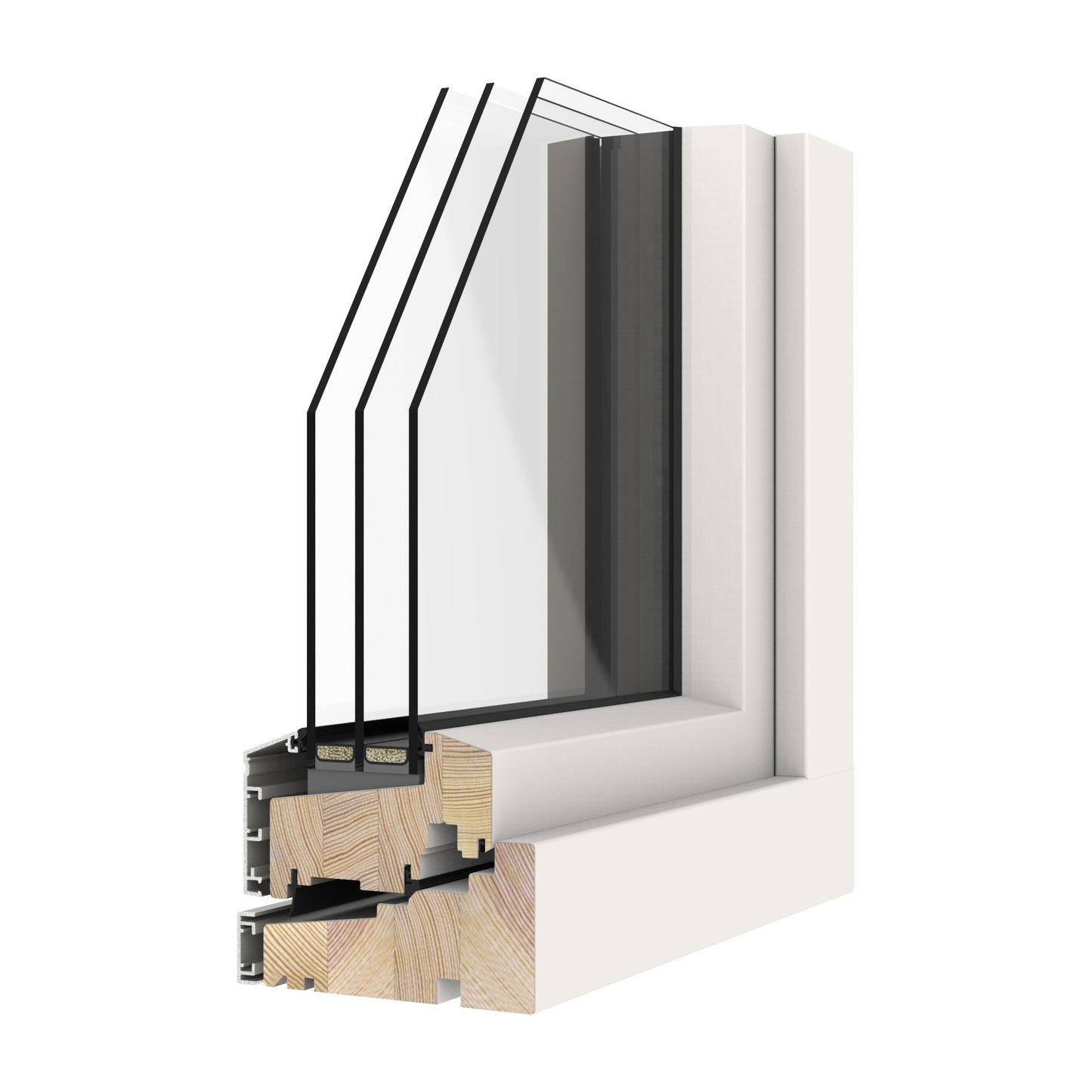 Sectional view of a triple-glazed window frame with glass and wooden elements on a white background