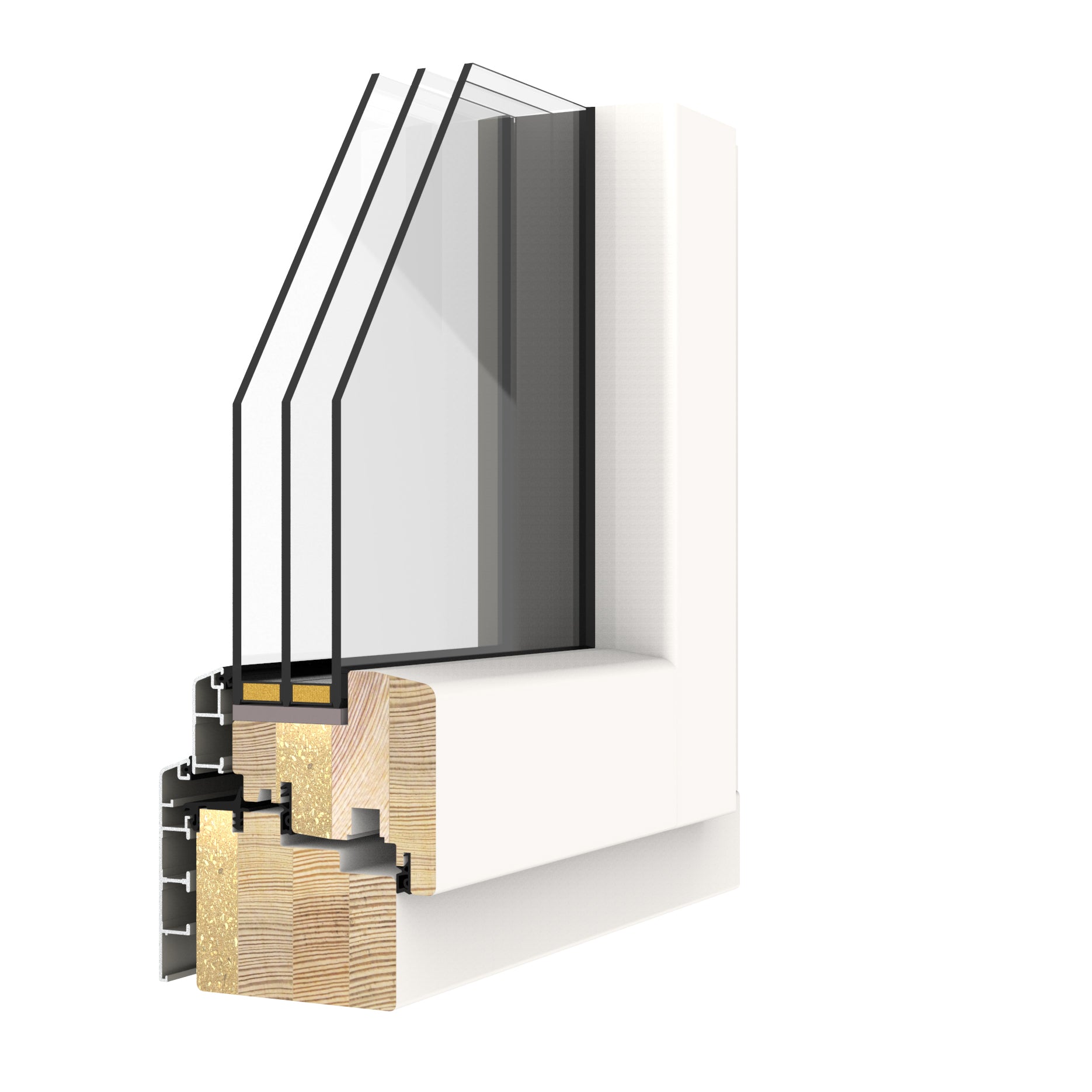 Sectional view of a triple-glazed window frame with glass and metal components on a white background