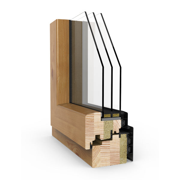 Cross-section of a wooden triple-glazed window frame with glass on a white background