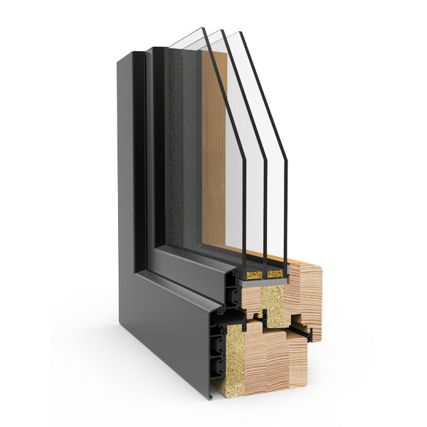 Sectional view of a triple-glazed window frame with glass and wooden elements on a white background