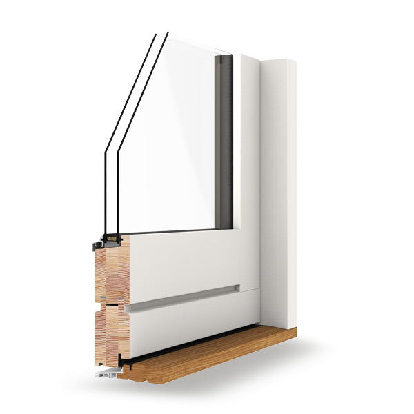 Modern double-glazed window design with white frame, wooden sill, and black hardware on a white background