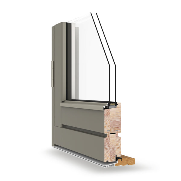 double-glazed window frame with wooden sill on a white background