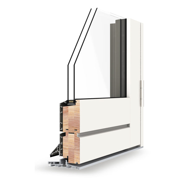 Cross-section of a double-glazed window frame showing materials and construction on a white background