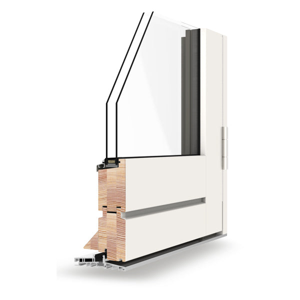 Double-glazed window frame assembly with glass and wooden panel on a white background