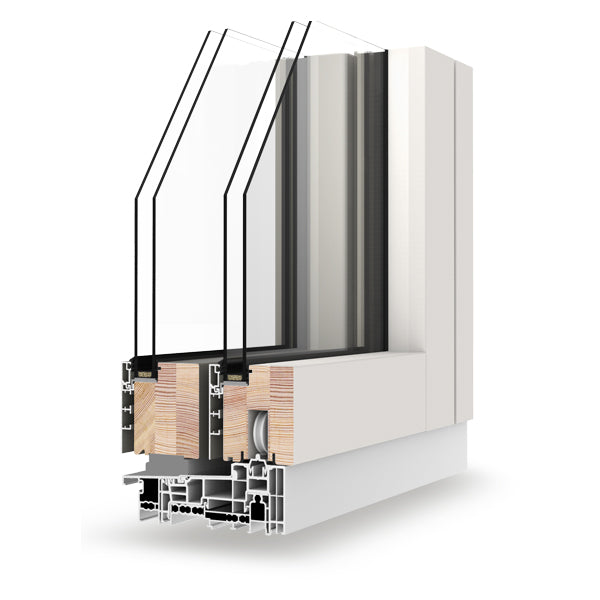 Cross-sectional view of a double-glazed window frame with glass and wooden elements on a white background