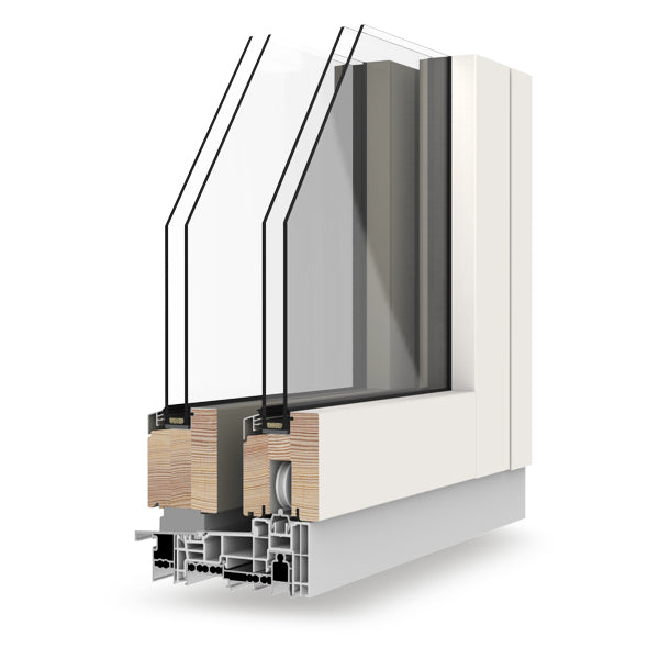 Cross-sectional view of a double-glazed window frame on a white background