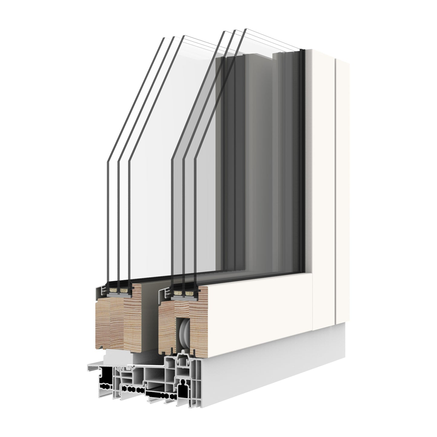 Sectional view of a triple-glazed window frame with glass and wooden elements on a white background
