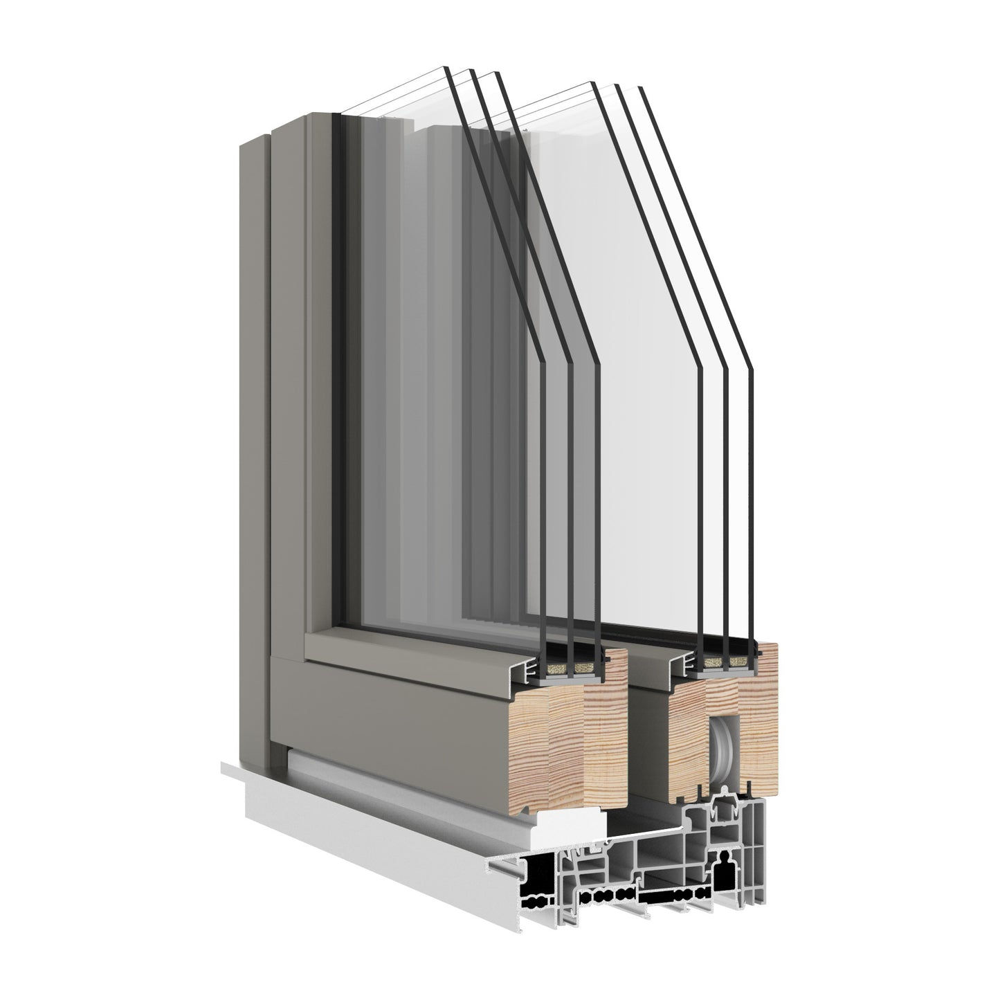 Cross-sectional view of a triple-glazed window frame with visible materials and construction details on a white background.