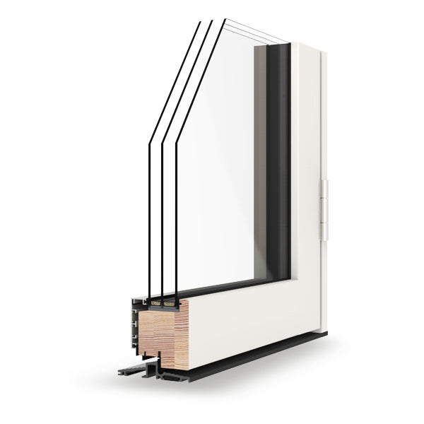 triple-glazed window frame with black trim and white interior on a white background