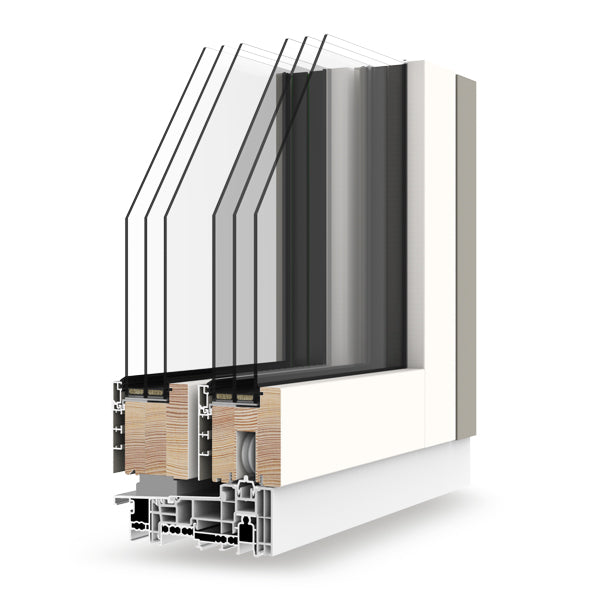 Cross-sectional view of a triple-glazed window frame with visible materials and construction details on a white background.