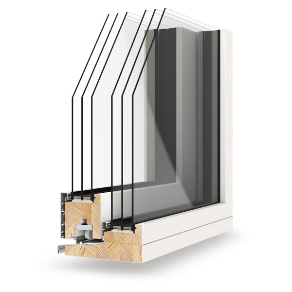 Triple-glazed Window frame cross-section showing materials and construction on a white background