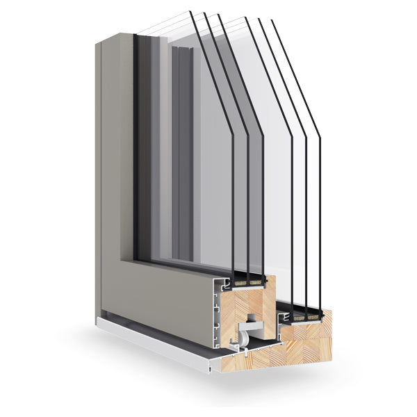 Cross-sectional view of a triple-glazed window frame with glass panes on a white background