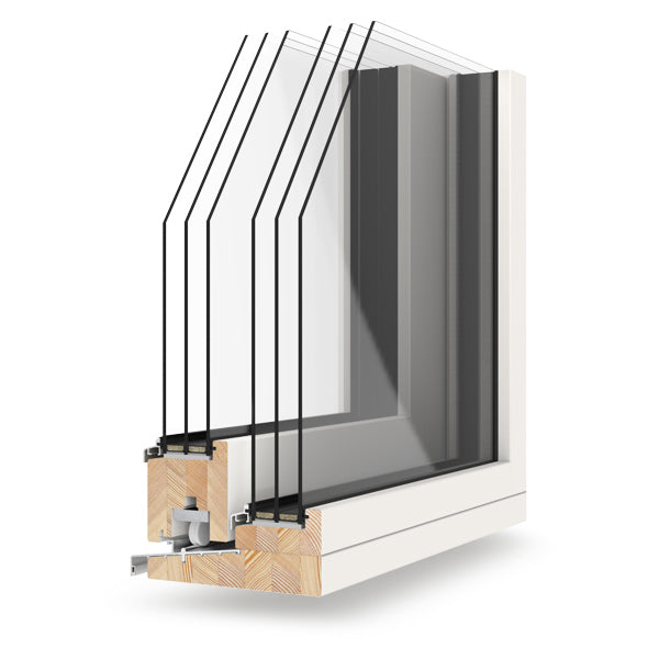 Window frame with triple-glazed glass and wooden sill on a white background
