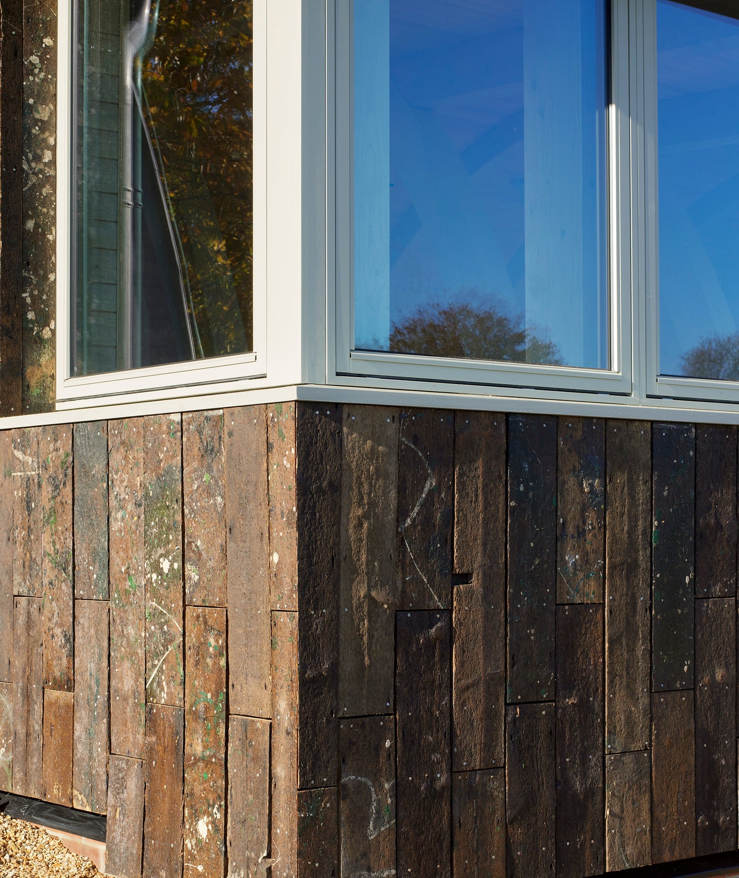 Detail view of a double-glazed timber corner in a cricket heritage restoration.