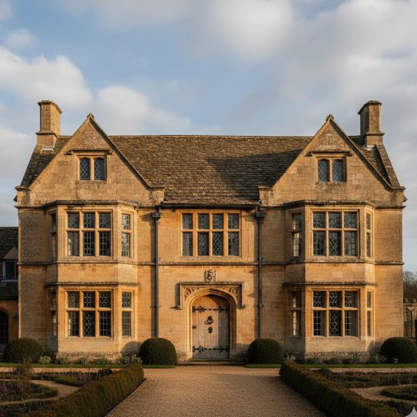 Elizabethan era architecture with small leaded panes and timber casement windows