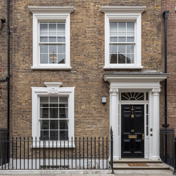 Georgian architecture with symmetrical box sash windows and a panelled front door