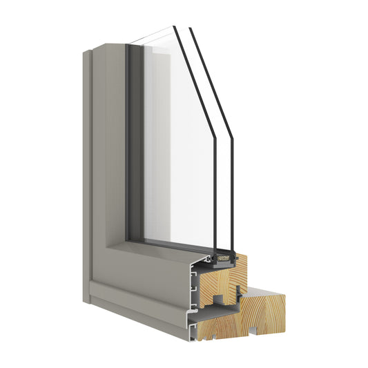 double-glazed window frame cross-section with glass and wooden insert on a white background
