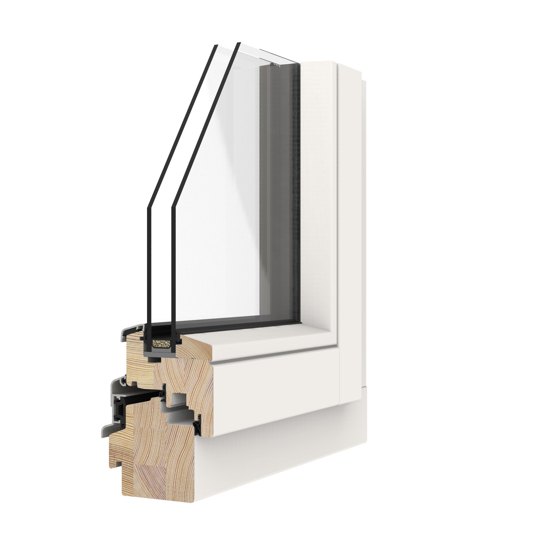 double-glazed window frame with white casing, black trim, and wooden detailing on a white background
