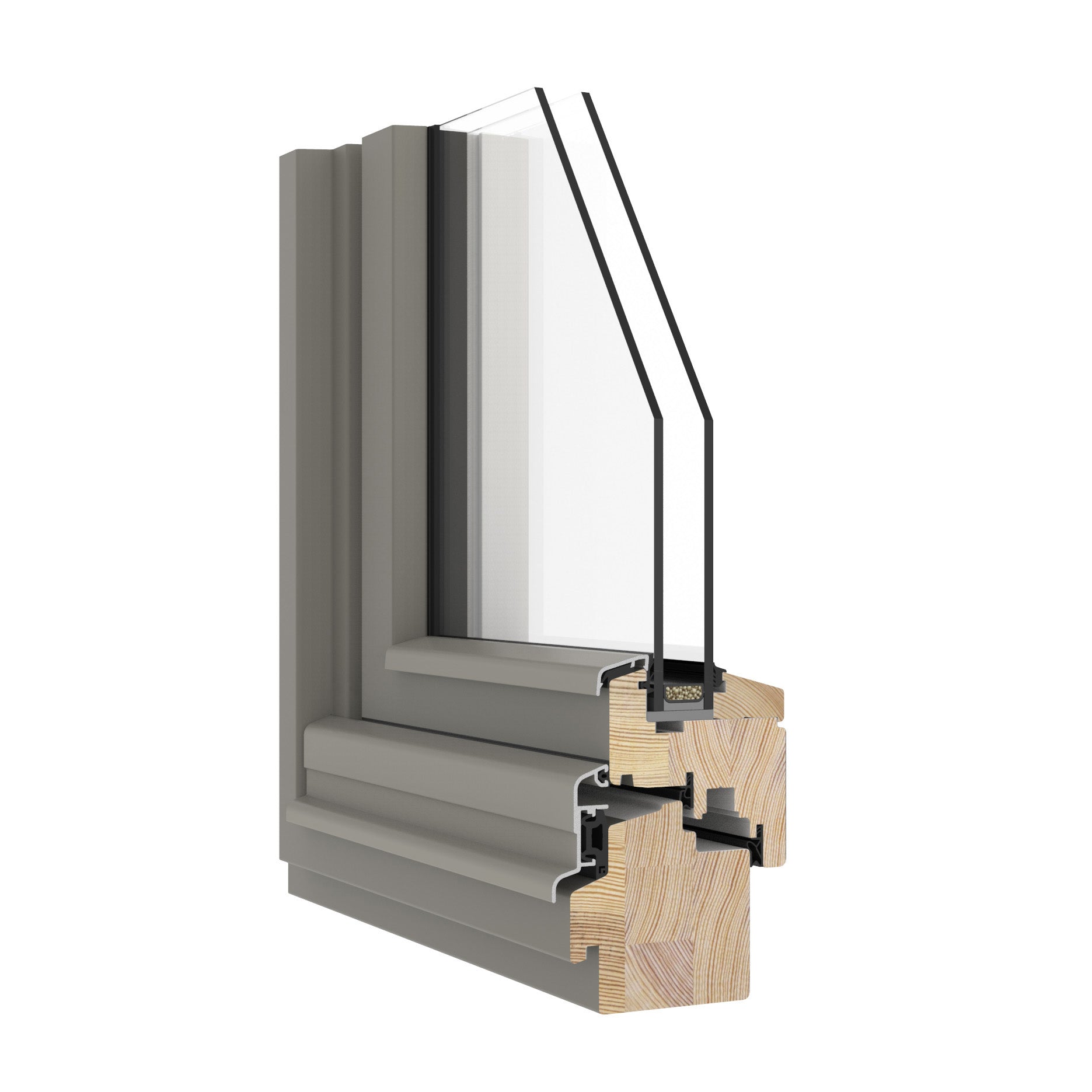 double-glazed window frame with glass section and wooden core on a white background