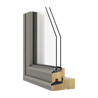 double-glazed window frame with glass section and wooden core on a white background