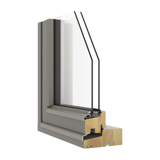 double-glazed window frame with glass section and wooden core on a white background